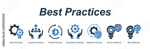 Foto Best Practices banner web icon vector illustration concept with an icon of business with icon of Best Practices, Leading Practices, Model Practices, Exemplary Practices, Reliable Practices, Proven Me
