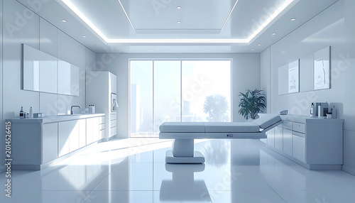 Modern, sterile medical examination room with examination table, bright natural light from large window, clean white design, health and wellness