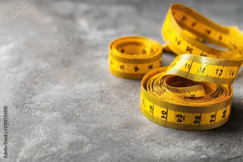 Flexible yellow measuring tapes on gray background for diy and craft projects