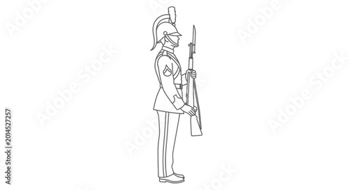 Tableau sur toile Line drawing of a standing ancient Greek or Roman soldier holding a long spear with a helmet on his head in profile view