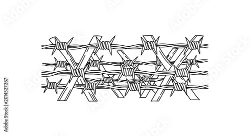Canvas Print Black and white illustration of a tangled barbed wire fence.
