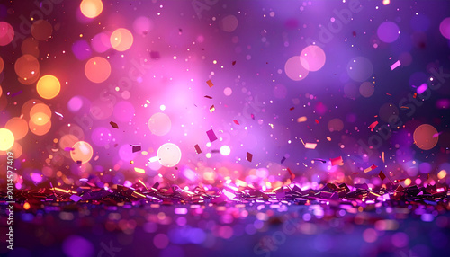 Purple magenta bokeh background with colorful confetti on ground