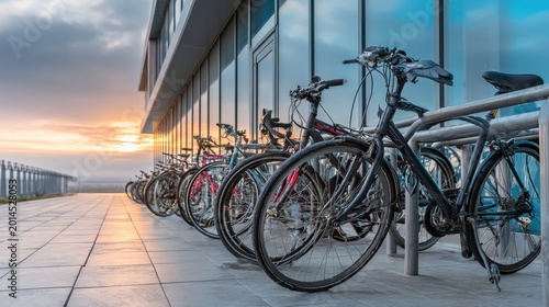 Bicycles parked alongside modern building at sunset