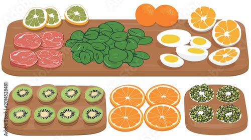 Healthy school lunch vector illustration in flat design style, balanced meal concept featuring nutritious food tray, fresh ingredients, education nutrition and modern cafeteria lifestyle scene