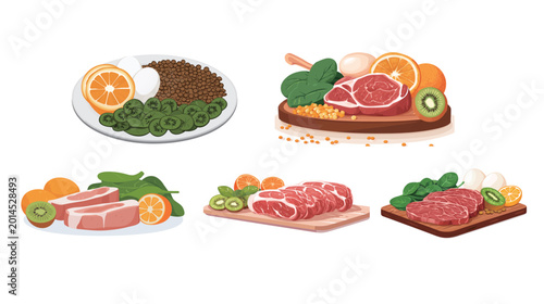 Healthy school lunch vector illustration in flat design style, balanced meal concept featuring nutritious food tray, fresh ingredients, education nutrition and modern cafeteria lifestyle scene