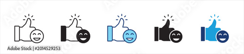 Thumbs up with smiley icon. Icon symbol usable for: positive feedback, satisfaction, approval, happiness, review, rating, customer experience, support, quality. Vector illustration