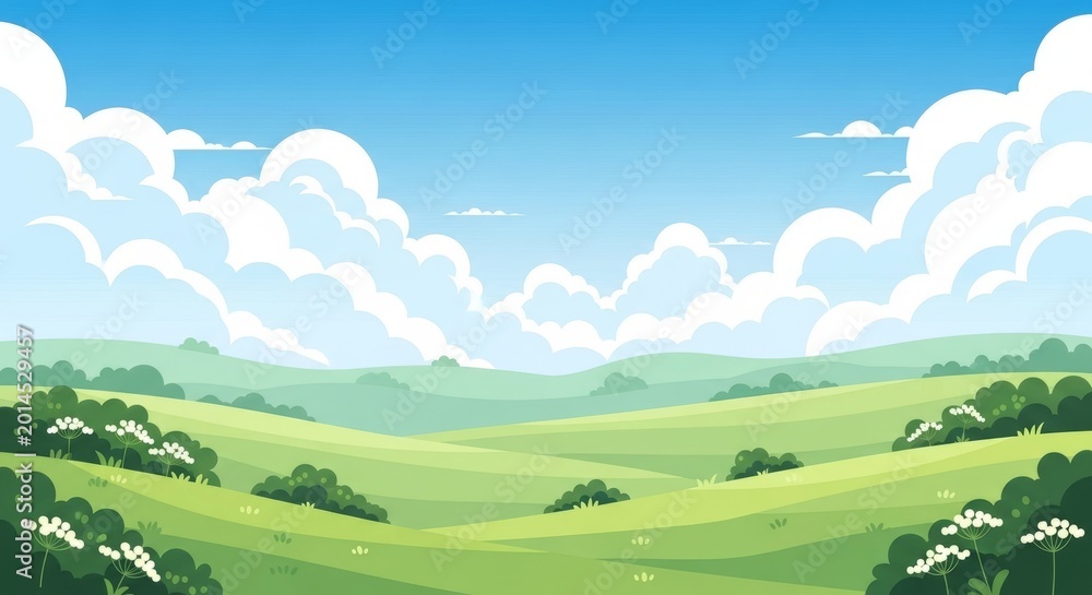 Obraz premium Vibrant Green Rolling Hills Under a Blue Sky with Fluffy White Clouds