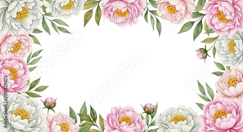 Watercolor Peony Flower Border - Pink and White Floral Frame for Greeting Cards
