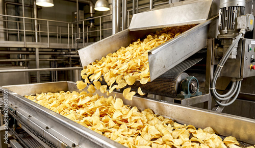 Industrial Potato Chips Production Line on Conveyor Belt in Modern Food Processing Factory
