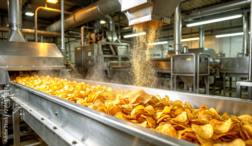 Industrial Potato Chips Production Line with Freshly Fried Snack Chips on Conveyor Belt.