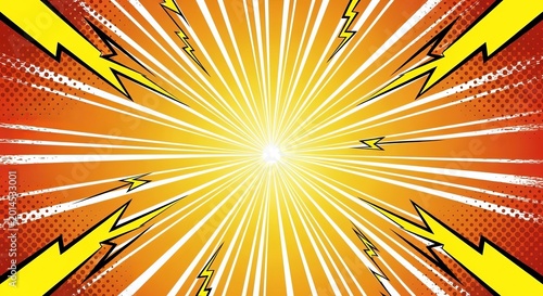 Exploding Sunburst Background with Lightning Bolts and Halftone Dots
