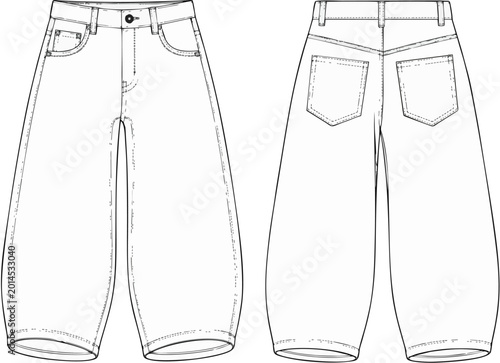 Bild auf Leinwand Baggy 3/4 Denim Jeans Technical Flat Sketch Front and Back View