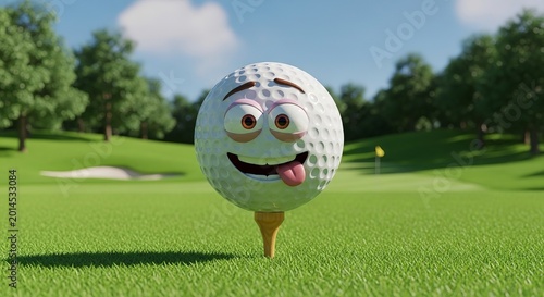 Funny Golf Ball Character with Goofy Face on Tee, Golf Course Background