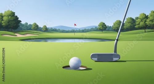 Golf ball sinking into hole near water hazard on sunny course