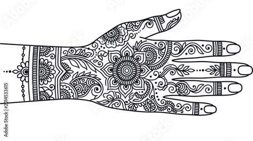 Intricately designed henna hand with floral patterns and mandalas on palm and fingers for cultural and artistic use