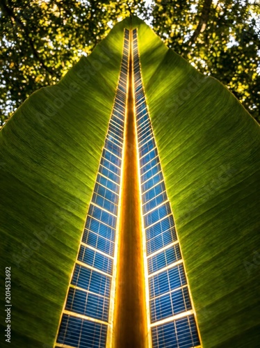POV under solar leaf canopy with photovoltaic cells overhead