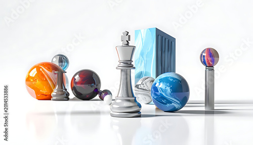 Silver chess king and various reflective spheres arranged in a composition, strategy and abstract concepts