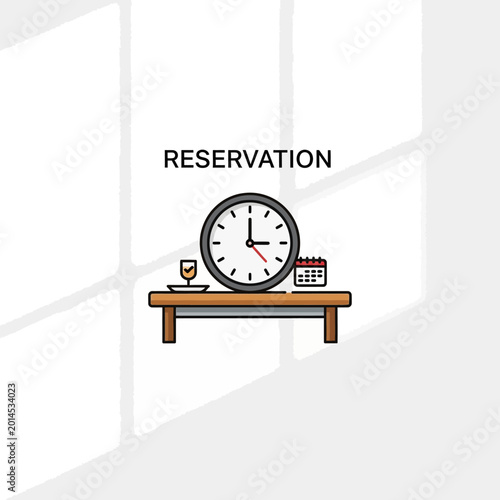 Modern illustration of a reservation icon featuring a clock, calendar, and table setup, representing booking services and time management for events and appointments