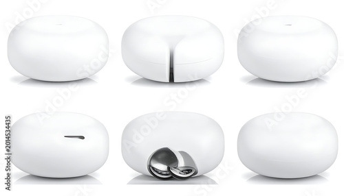 Set of six round white objects with metallic accents and openings, showing different angles and details, isolated on a plain surface with subtle reflections
