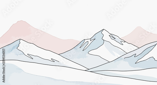 Tablou pe pânză Watercolor mountain range illustration with snow capped peaks and soft colors