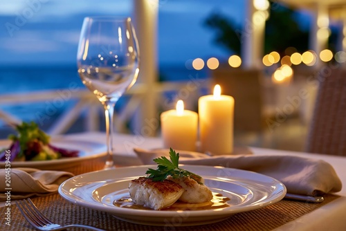 Dinner set by seaside at twilight
