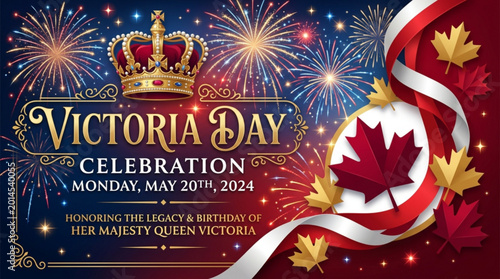 Victoria day celebration banner with crown fireworks and maple leaves on red background