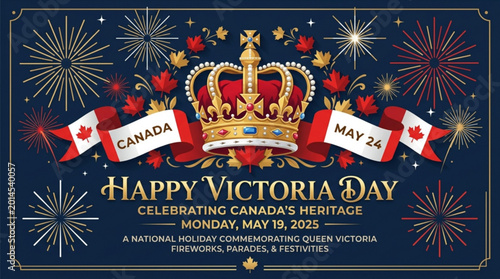 Obraz na płótnie Victoria day celebration banner with crown and fireworks on dark blue background