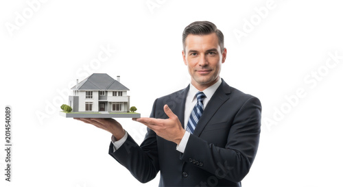 Real estate agent presenting miniature house model on transparent background high quality