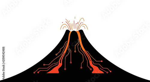Foto Digital Volcano Erupting Circuits and Lava on White Background