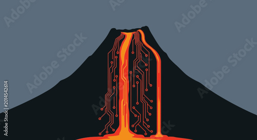 Quadro su tela Volcano Erupting with Digital Circuits, Technology Metaphor
