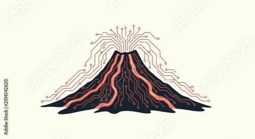 Quadro su tela Volcano erupting with digital network, symbolizing tech innovation and data flow