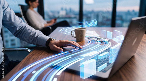 Εκτύπωση καμβά Business professional working on laptop with dynamic digital data streams for enhanced productivity
