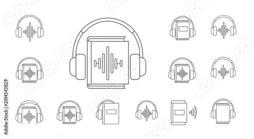 Audiobook Icons Set: Headphones & Books with Sound Waves