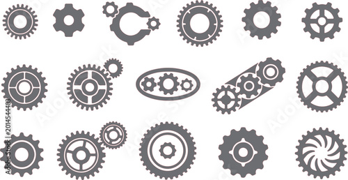 Canvas-taulu Gears appear in a collection of dark gray mechanical icons arranged in a grid for technical design projects