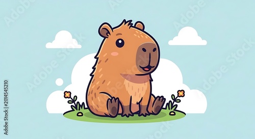 Cute Cartoon Capybara Sitting in a Grassy Field with Flowers.