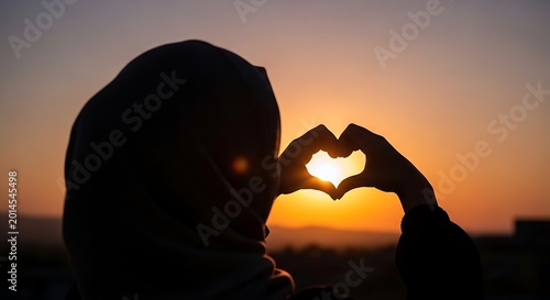 Silhouette of a person forming a heart shape with hands against a vibrant sunset sky.