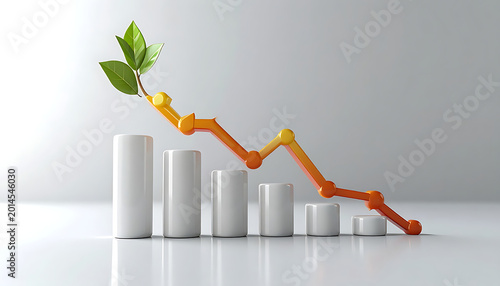 Bar chart showing declining financial performance with an orange graph line curving upwards, symbolizing growth and recovery despite downturn, on a clean, bright surface