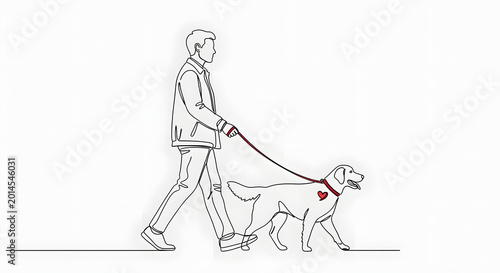 A minimalist continuous line drawing of a man walking his loyal dog on a red leash. The illustration features a small red heart on the dog's body, symbolizing the deep bond of love, companionship