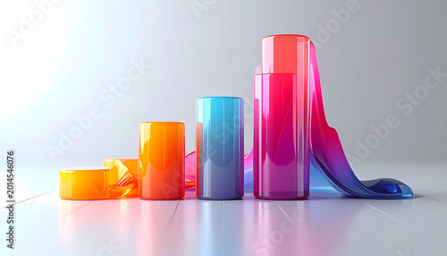 Bar chart with rising bars, colorful fluid cascading from tallest bar, representing growth and success, abstract business concept.