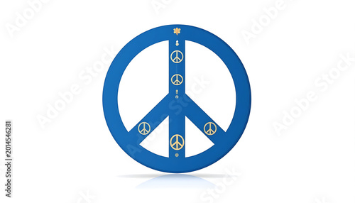 Blue peace symbol with small gold peace icons inside, symbolizing harmony and anti-war movement, isolated on white