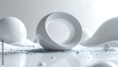 Abstract white M?bius strip shape with smooth spheres and granular texture, representing infinity and continuity on a minimalist background