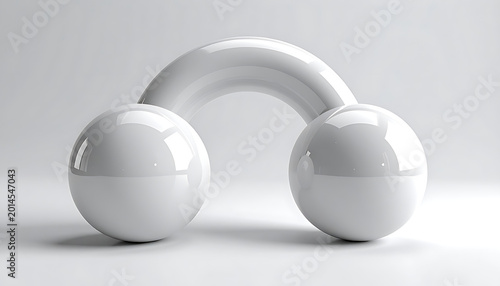 Abstract white torus arching over two reflective spheres, minimalist 3d rendering with subtle shadows, clean geometry