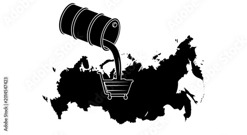 Oil barrel pouring into shopping cart over Russia map silhouette