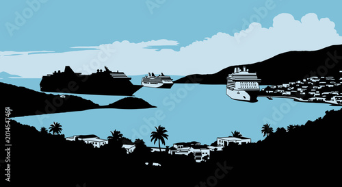 Cruise ships anchored in a tropical bay at a scenic island port