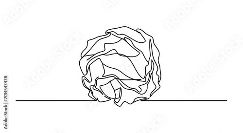 Crumpled paper ball in continuous line art style for creative ideas