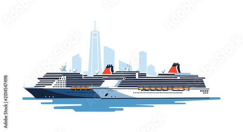 Luxury cruise ships docked at city harbor with skyscraper skyline