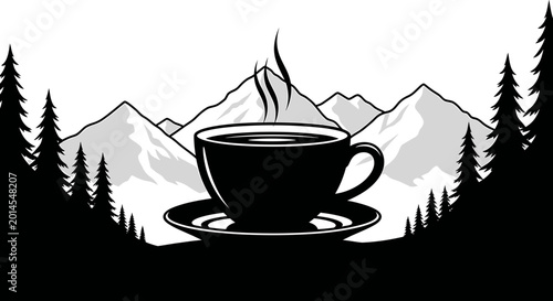 Steaming coffee cup with mountain wilderness and forest backdrop