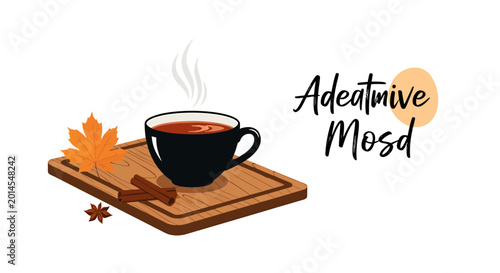 Steaming Hot Tea with Cinnamon and Autumn Leaf on Wooden Board