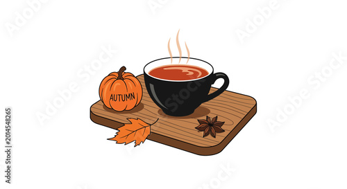 Cozy autumn tea with pumpkin and maple leaf on wooden tray