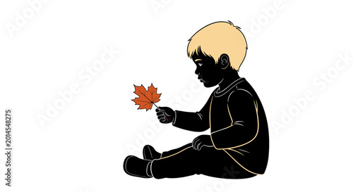 Young boy sitting with an orange autumn maple leaf